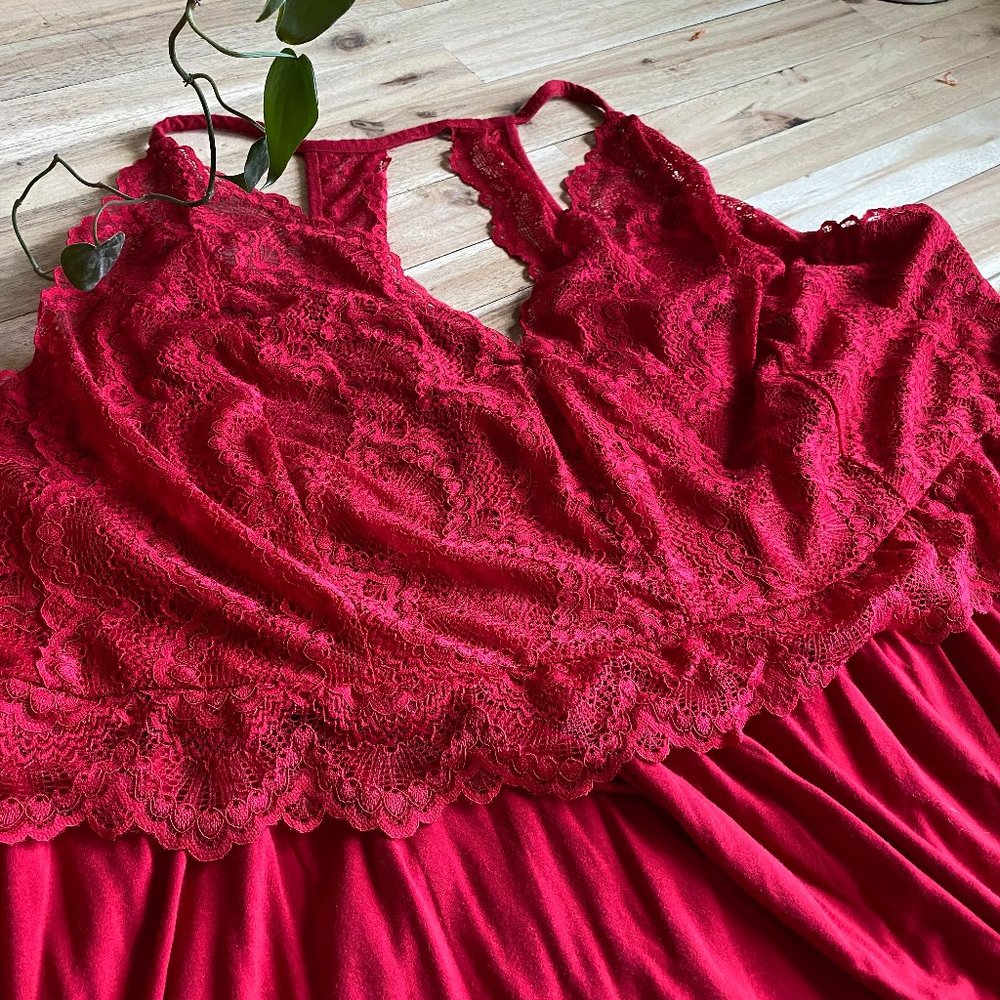 Red Lace Long Knit Nightgown